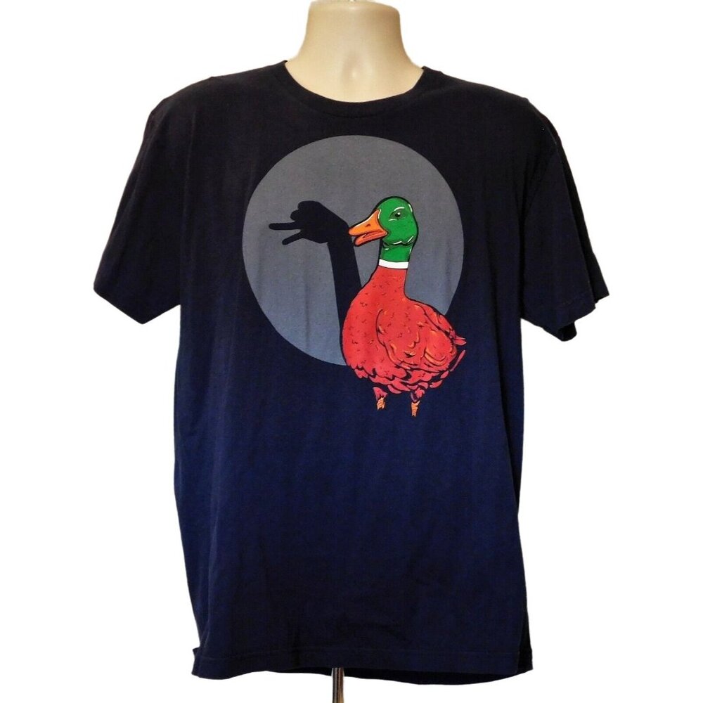 Mallard Duck Shadow Puppet Graphic Tee XL Navy Blue Shirt.Woot! Crewneck Cotton